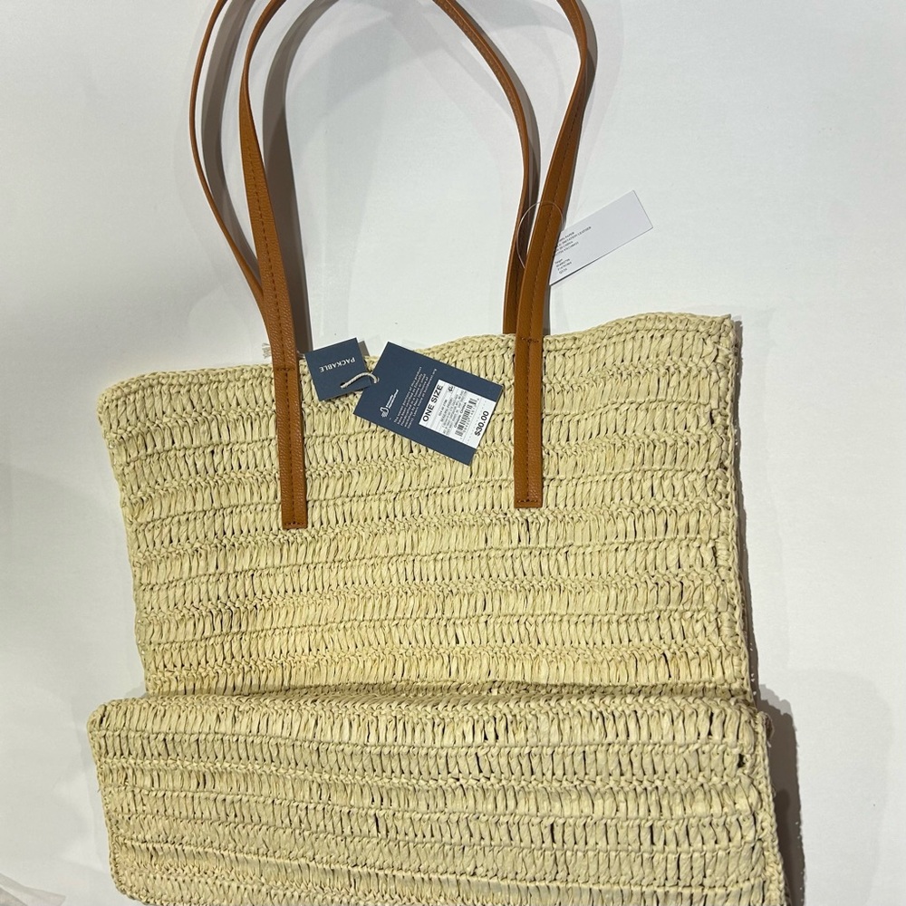 Universal Thread Straw Packable Checker Boxy Tote… - image 7